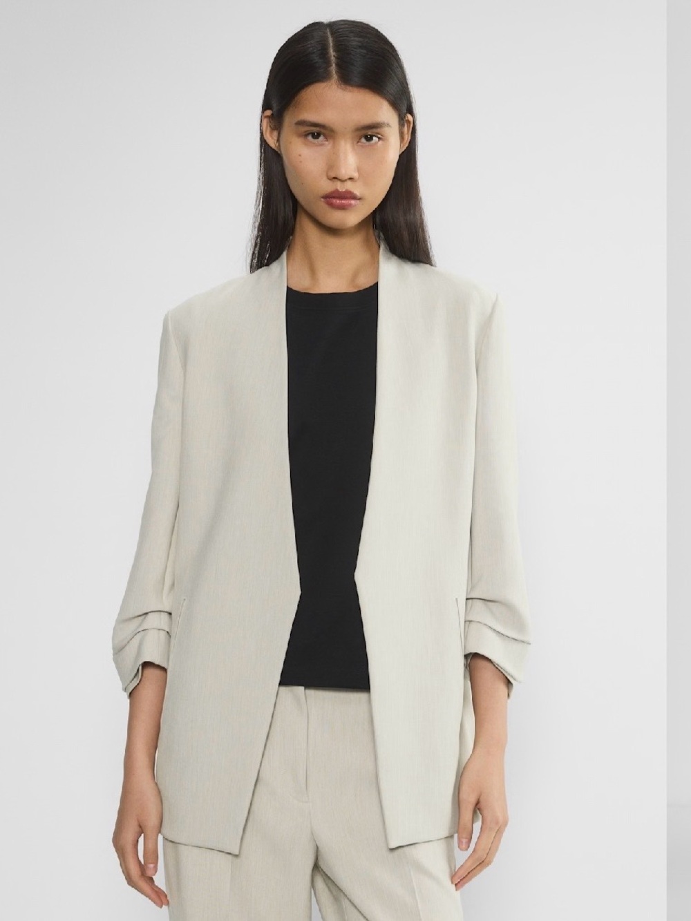 Aritzia Babaton Power Blazer Beige Cream Ruched 3/4 Sleeve Open Jacket Size 14